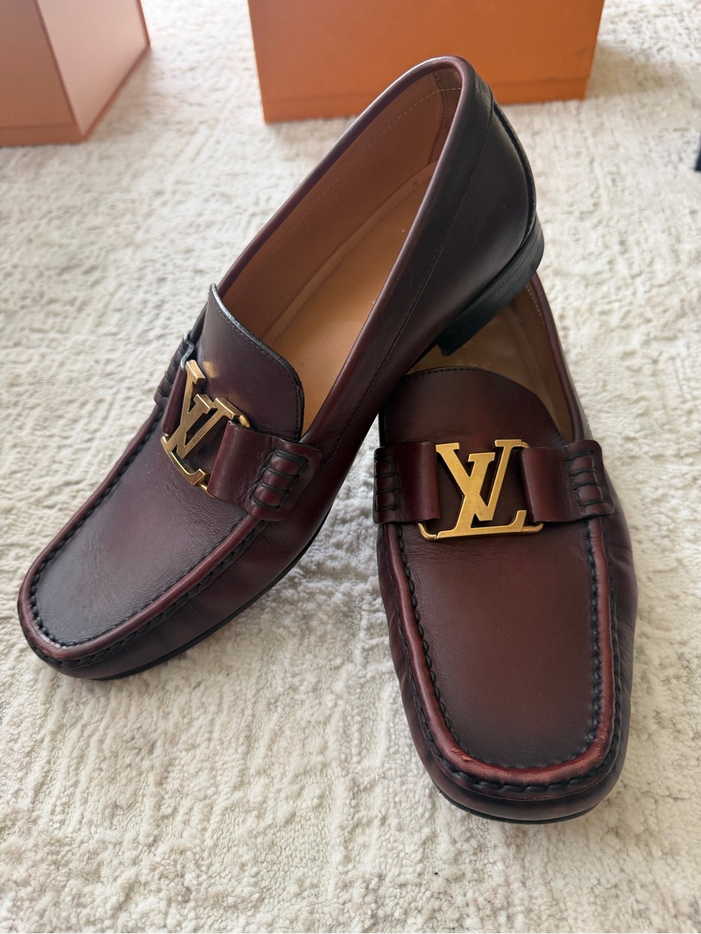 Louis Vuitton Men’s Burgundy Leather LV Moccasin Loafers